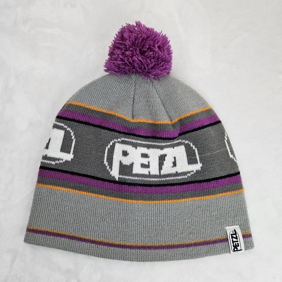 Petzl Pom Beanie Hat Purple and Gray Stripe Winter Cap Rock Climbing Acrylic - Picture 1 of 5